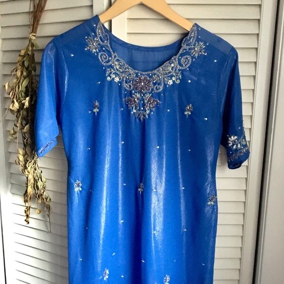{Kurti} Sequin & Pearl Sapphire Blue Tunic Dress - Picture 2 of 8